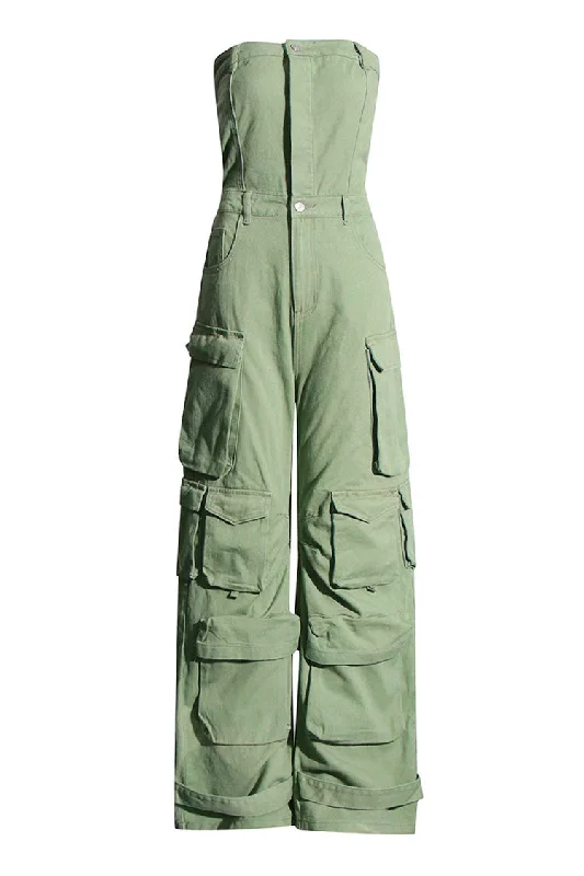Urban Button Up Strapless High Waist Horseshoe Denim Cargo Jumpsuit Hip Women's Retro Hip Women's Retro