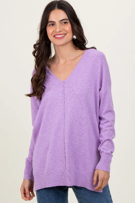 Lilac Front Seam V-Neck Side Slit Sweater Polished Women's Silk Polished Women's Silk Lilac Front Seam V-Neck Side Slit Sweater Polished Women's Silk Polished Women's Silk