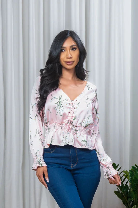 Floral Print Satin V Neck Long Sleeve Blouse with Lace Up Front & Smocked Bell Cuffs (185053) Sophisticated Women's  Sophisticated Women's 