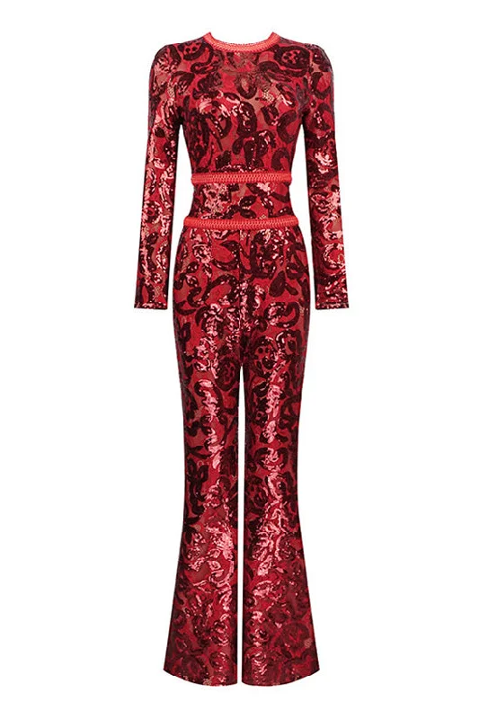 Sparkly Sequin Floral Round Neck Long Sleeve Belted Flare Lace Jumpsuit Practical Women's Quick - dry Practical Women's Quick - dry Sparkly Sequin Floral Round Neck Long Sleeve Belted Flare Lace Jumpsuit Practical Women's Quick - dry Practical Women's Quick - dry