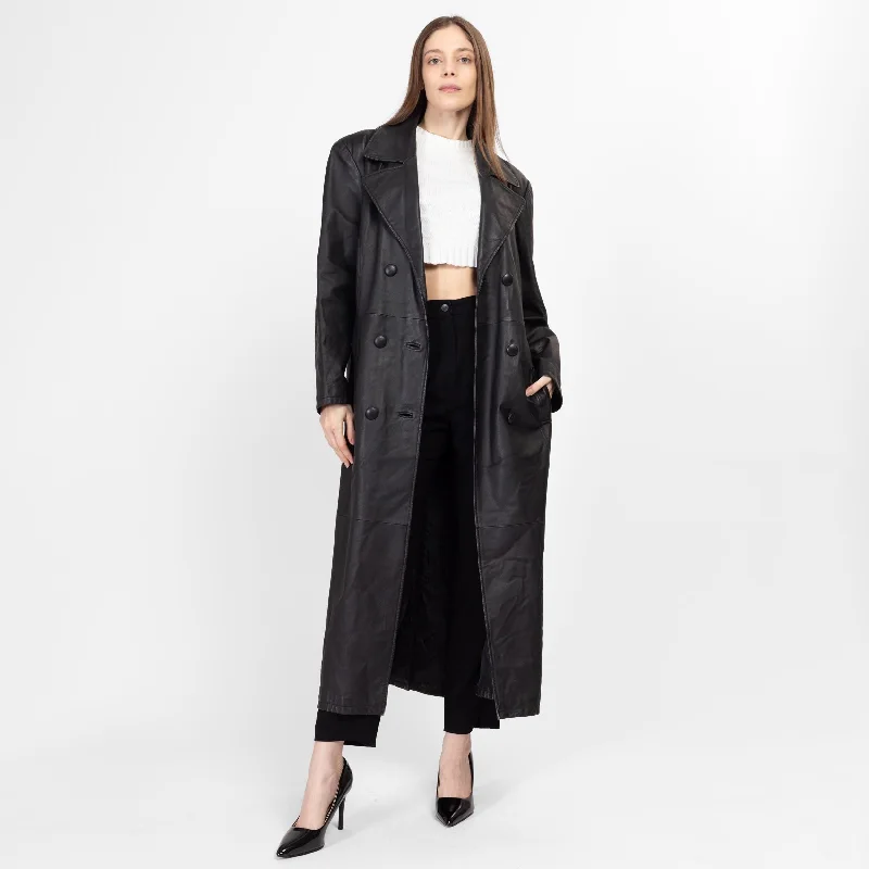 Medium 90s Minimalist Black Leather Maxi Jacket Monochromatic All - in - one Monochromatic All - in - one