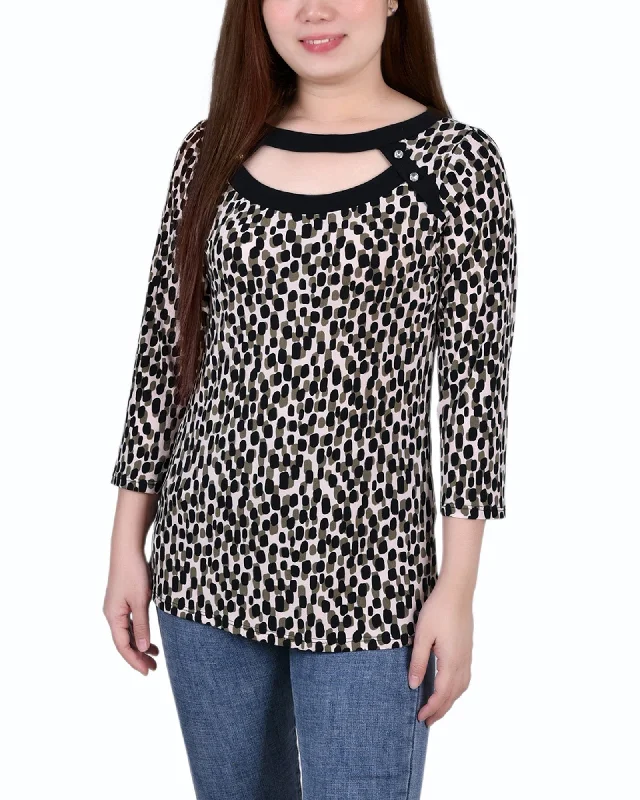 3/4 Sleeve Top With Combo Bands And Front Cutout Earthy Women's  Earthy Women's 
