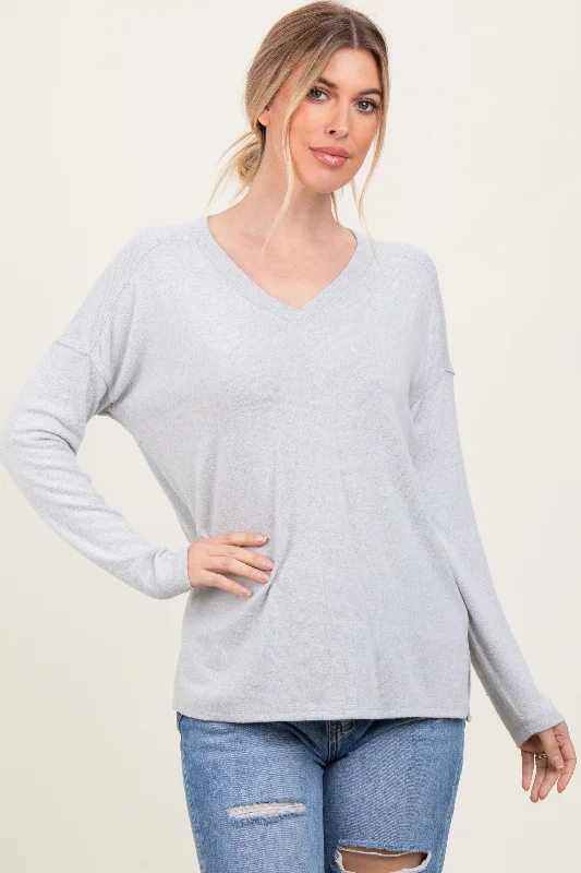 Heather Grey Basic V-Neck Long Sleeve Brushed Knit Top Edgy Women's Punk Edgy Women's Punk Heather Grey Basic V-Neck Long Sleeve Brushed Knit Top Edgy Women's Punk Edgy Women's Punk