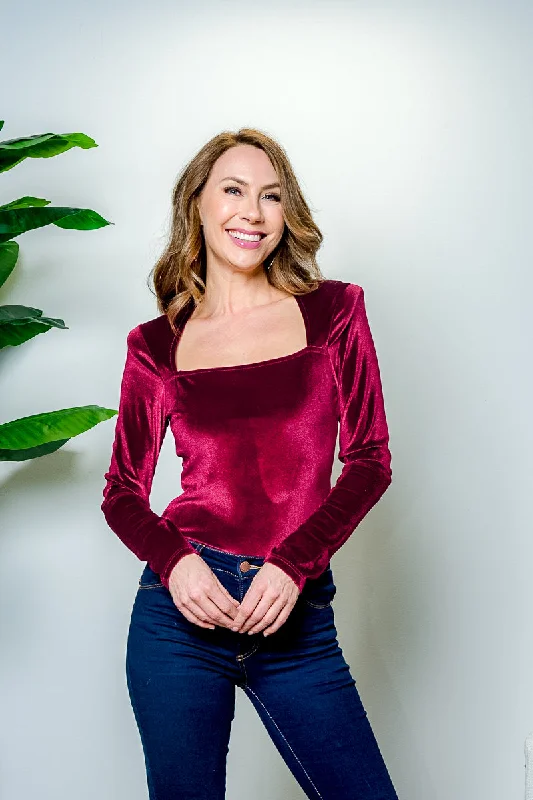 Long Sleeve Velvet Square Neck Thong Bodysuit with Shoulder Pads & Snap Crotch in Wine* (BT03055) Sustainable Organic Sustainable Organic Long Sleeve Velvet Square Neck Thong Bodysuit with Shoulder Pads & Snap Crotch in Wine* (BT03055) Sustainable Organic Sustainable Organic
