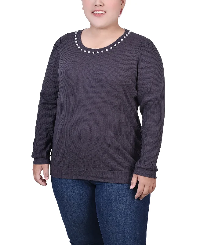 Plus Size Long Sleeve Ribbed Pearl Trimmed Top Laid - back Women's Vibe Laid - back Women's Vibe Plus Size Long Sleeve Ribbed Pearl Trimmed Top Laid - back Women's Vibe Laid - back Women's Vibe