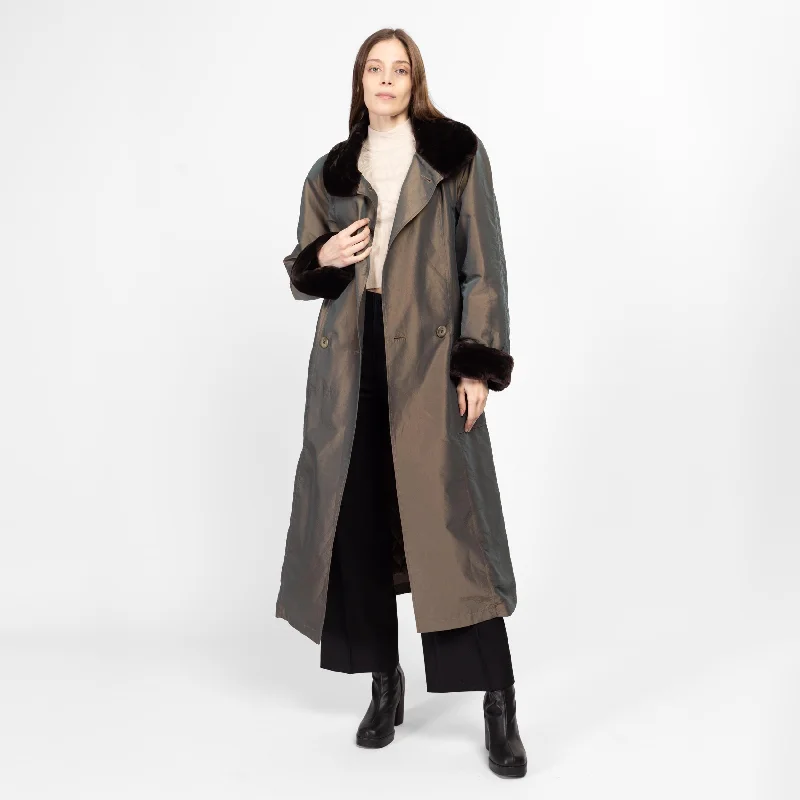 Medium 80s Shiny Olive Faux Fur Trim Trench Coat NWT Cool Women's Distressed Cool Women's Distressed Medium 80s Shiny Olive Faux Fur Trim Trench Coat NWT Cool Women's Distressed Cool Women's Distressed