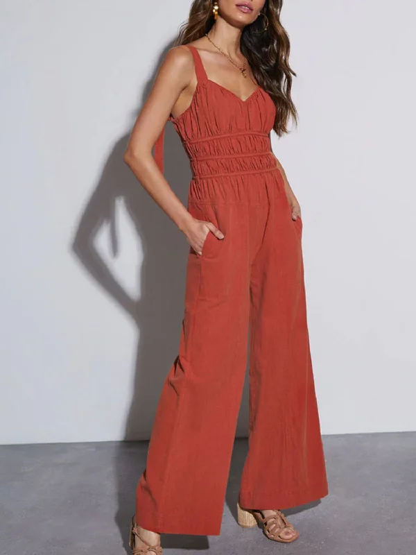 Ruched Wide Strap Jumpsuit with Pockets Sporty Women's Athleisure  Sporty Women's Athleisure 