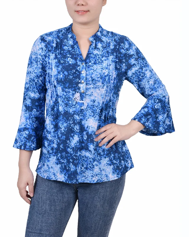 Petite 3/4 Bell Sleeve Pleat Front Y Neck Top Preppy Women's College Preppy Women's College Petite 3/4 Bell Sleeve Pleat Front Y Neck Top Preppy Women's College Preppy Women's College