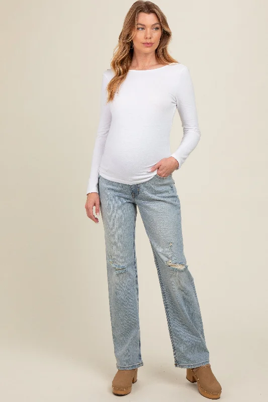 Light Blue Distressed Open Knee Maternity Straight Leg Jeans Refined Women's Velvet Refined Women's Velvet