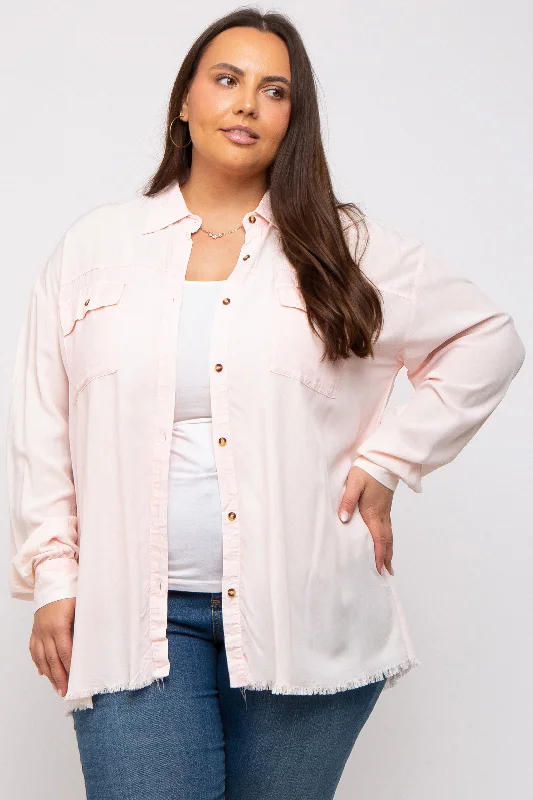 Peach Button Up Fringe Hem Plus Top Trendy Women's  Trendy Women's 