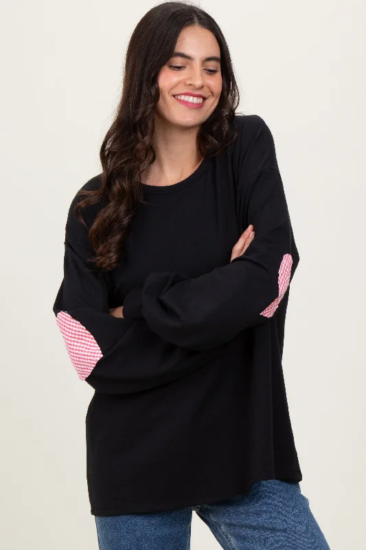 Black Solid Long Sleeve Heart Patch Top Scandinavian Scandinavian