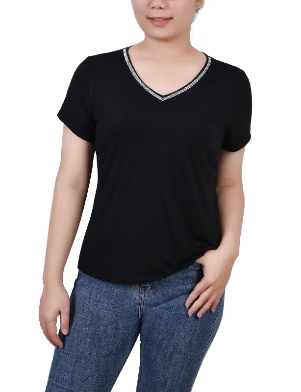 Petite Short Sleeve Top With Stone Details Refined Women's  Refined Women's 
