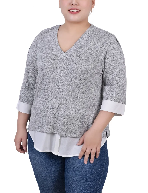 Plus Size Long Sleeve 2-In 1 Top Feminine Women's Soft  Feminine Women's Soft 