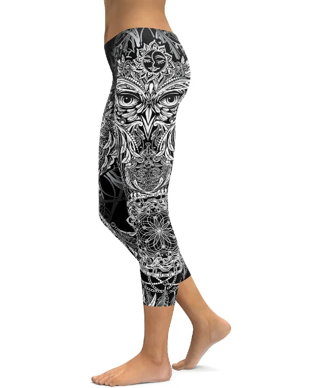 B&W Ornamental Owl Capris Confident Women's High - fashion Confident Women's High - fashion