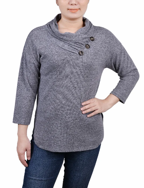 Petite 3/4 Sleeve Crossover Cowl Neck Top Classic Women's Tweed Classic Women's Tweed