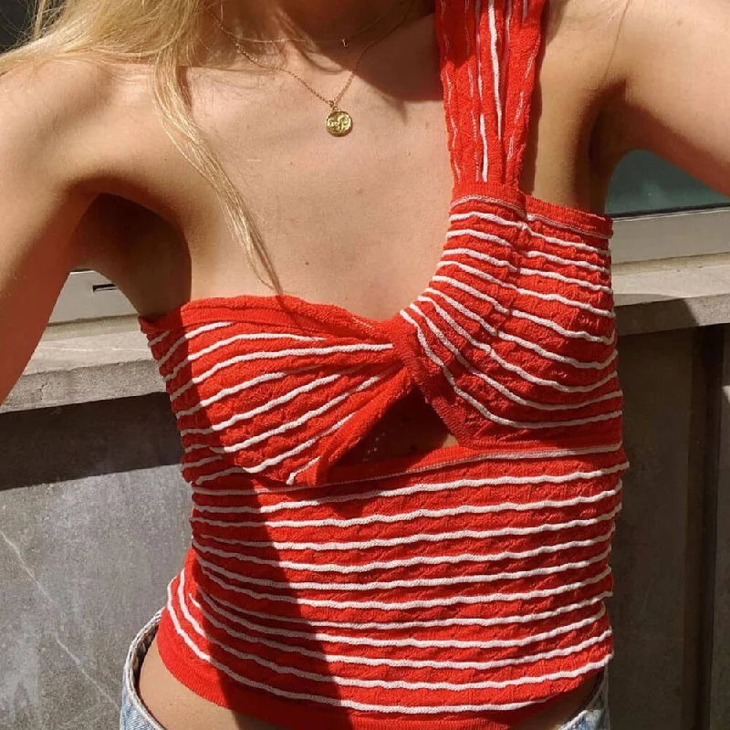 Retro One Shoulder Sleeveless Cutout Pointelle Red Striped Knit Top Dapper Women's 1920S Dapper Women's 1920S Retro One Shoulder Sleeveless Cutout Pointelle Red Striped Knit Top Dapper Women's 1920S Dapper Women's 1920S