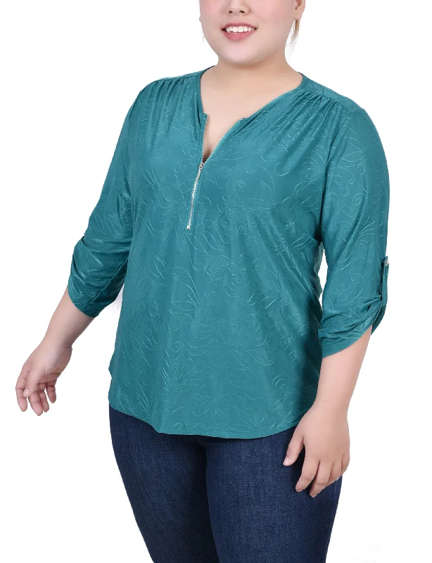 Plus Size 3/4 Roll Tab Zip Front Jacquard Knit Top Monochromatic All - in - one Monochromatic All - in - one Plus Size 3/4 Roll Tab Zip Front Jacquard Knit Top Monochromatic All - in - one Monochromatic All - in - one