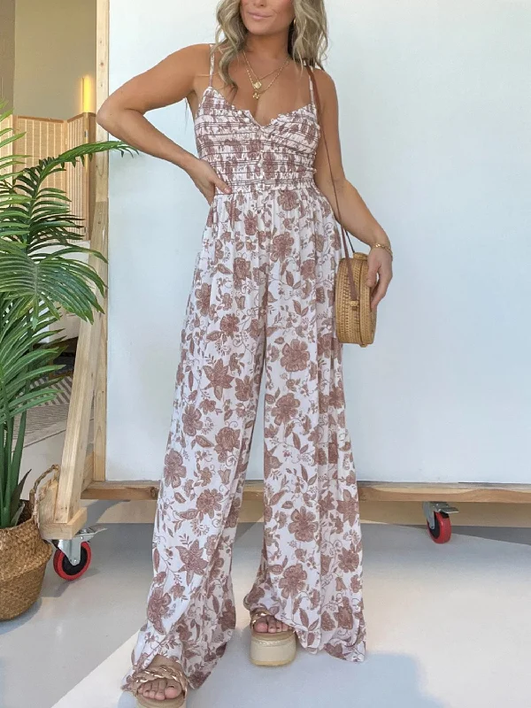 Full Size Printed Spaghetti Strap Wide Leg Jumpsuit Preppy Women's College Preppy Women's College