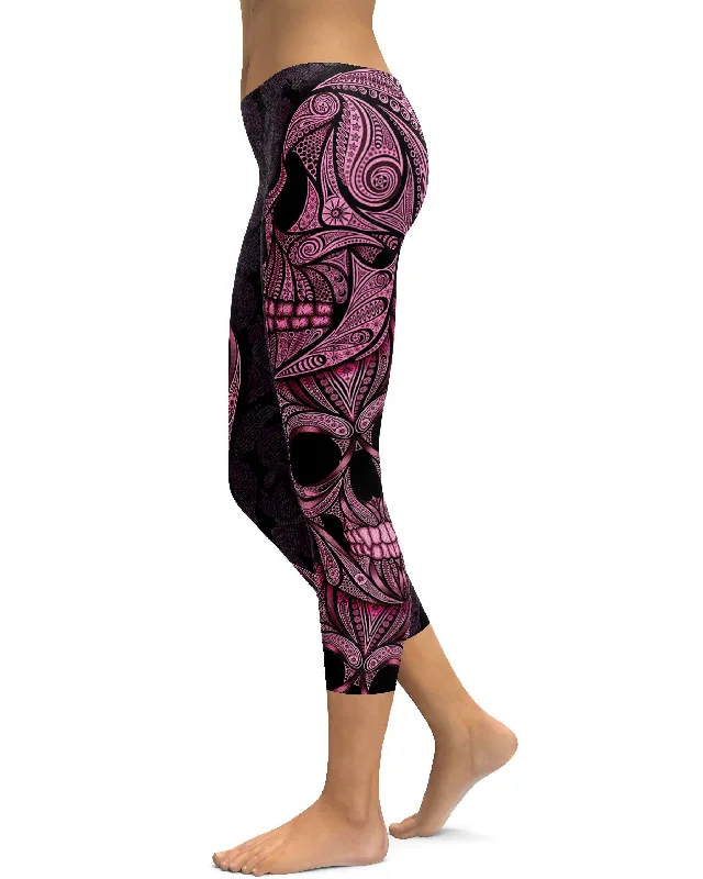 Pink Ornamental Skull Capris Compression Compression