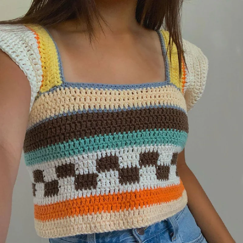 Rainbow Striped Square Neck Cap Sleeve Crochet Open Knit Cropped Top Bohemian Women's Free Bohemian Women's Free Rainbow Striped Square Neck Cap Sleeve Crochet Open Knit Cropped Top Bohemian Women's Free Bohemian Women's Free