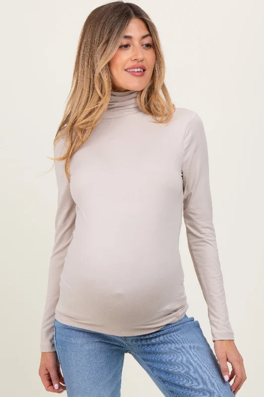 Cream Brushed Knit Basic Turtleneck Maternity Top Women Women