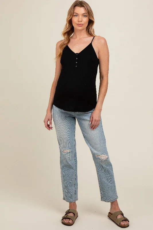 Light Blue Open Knee Straight Leg Maternity Jeans Street Street