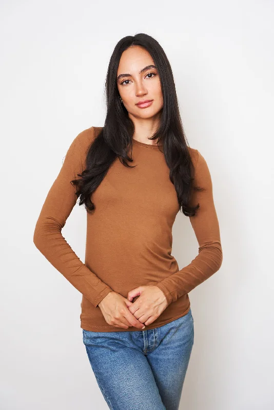Majestic Soft Touch Long Sleeve Viscose Crewneck in Bison Refined Women's Hand - crafted Refined Women's Hand - crafted