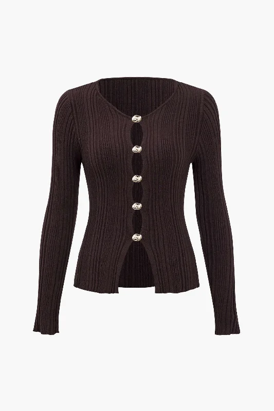 Solid Knit Button Long-Sleeve Top Compression Compression