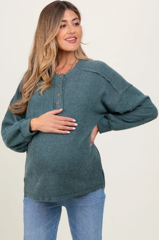 Light Olive Oversized Ribbed Knit Henley Maternity Sweater Luxurious Women's High - end Luxurious Women's High - end Light Olive Oversized Ribbed Knit Henley Maternity Sweater Luxurious Women's High - end Luxurious Women's High - end