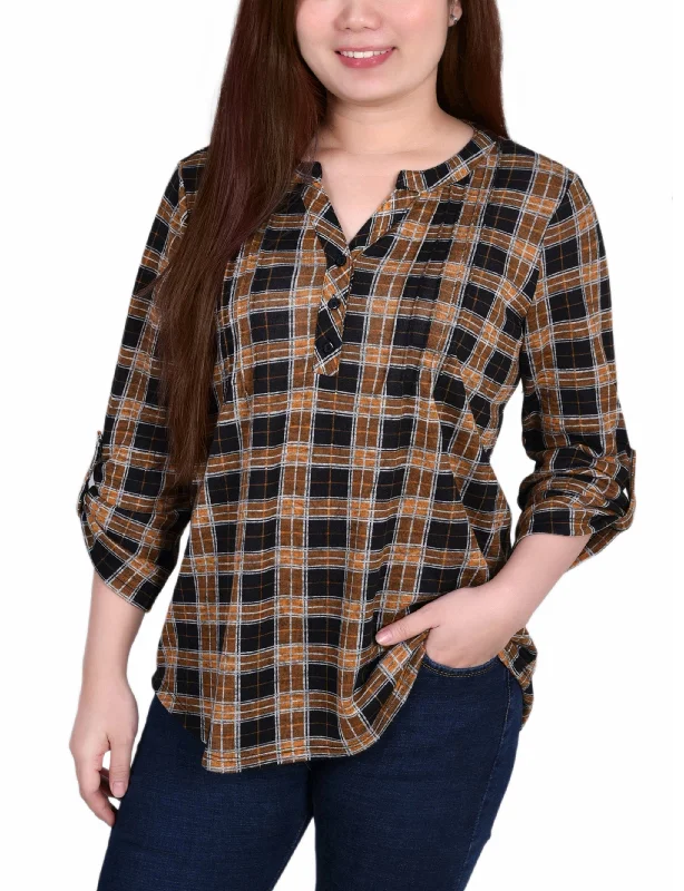 3/4 Roll Tab Sleeve Y Neck Top Trendy Women's Oversized Trendy Women's Oversized