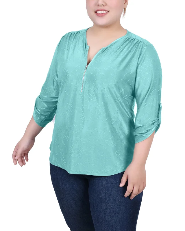 Plus Size 3/4 Roll Tab Zip Front Jacquard Knit Top Refined Women's Classic Refined Women's Classic Plus Size 3/4 Roll Tab Zip Front Jacquard Knit Top Refined Women's Classic Refined Women's Classic