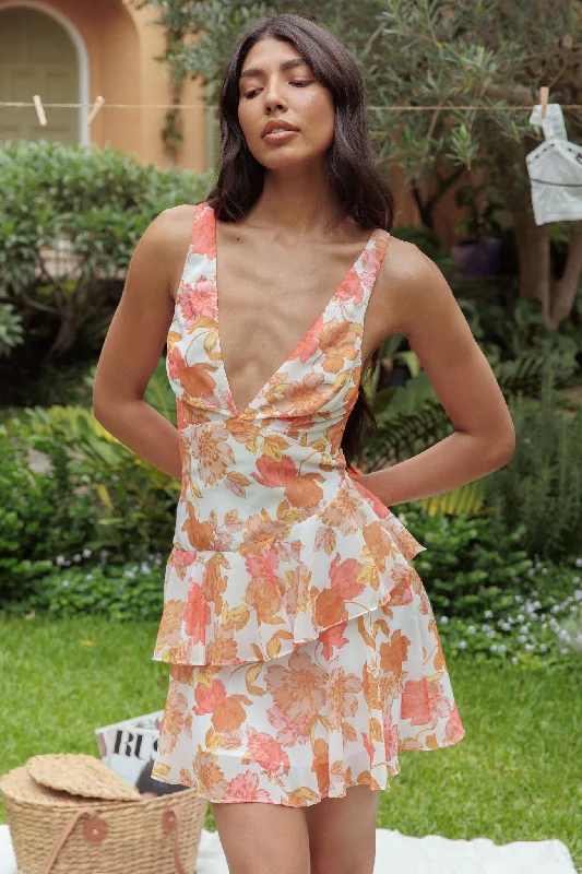 Veda Strappy Back Ruffle Mini Dress Floral Orange Laid - back Women's Vibe Laid - back Women's Vibe Veda Strappy Back Ruffle Mini Dress Floral Orange Laid - back Women's Vibe Laid - back Women's Vibe
