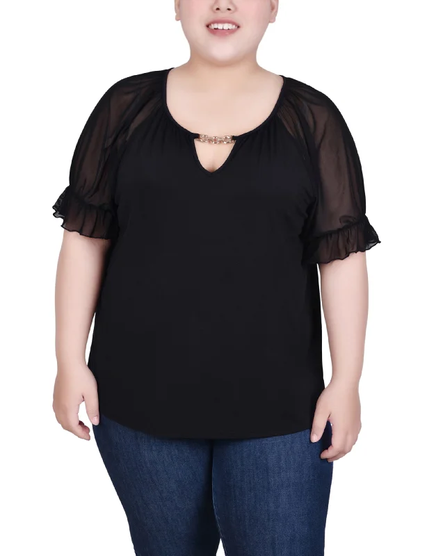 Plus Size Short Ruffle Sleeve Top With Rhinestones Cozy Women's Winter Cozy Women's Winter