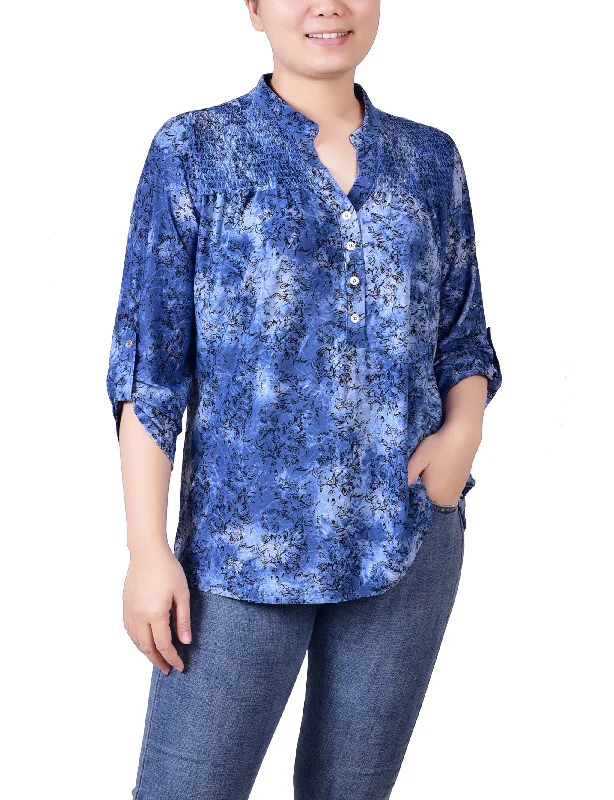 Petite 3/4 Roll Tab Sleeve Smocked-Yoke Top British Gentlewoman Style British Gentlewoman Style Petite 3/4 Roll Tab Sleeve Smocked-Yoke Top British Gentlewoman Style British Gentlewoman Style
