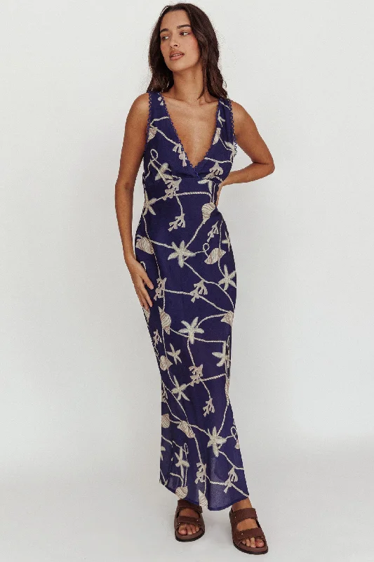 Miss Divine V-Neck Ocean Maxi Dress Blue Geometric Geometric