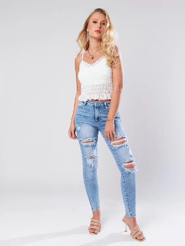 Jean skinny délavé déchiré taille haute French French
