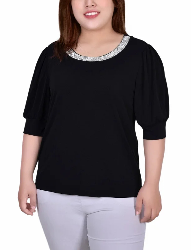 Plus Size Short Beaded Puff Sleeve Top British Gentlewoman Style British Gentlewoman Style Plus Size Short Beaded Puff Sleeve Top British Gentlewoman Style British Gentlewoman Style