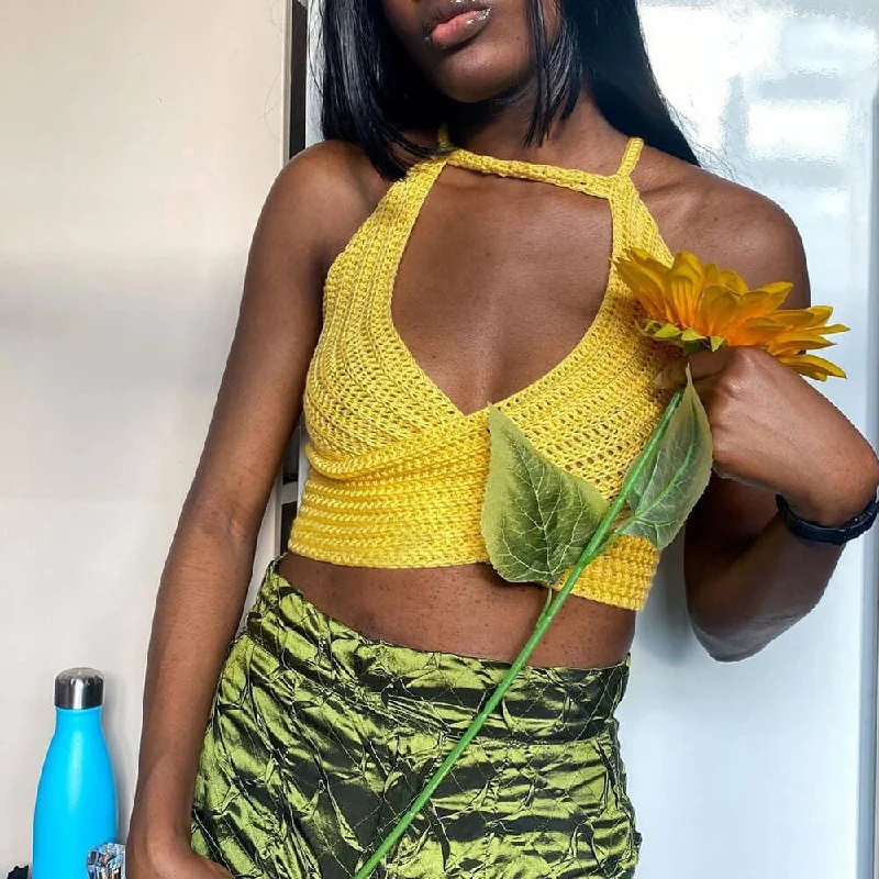 Sexy Yellow Cutout Lace Up Backless Cropped Open Knit Wrap Top Contemporary Contemporary Sexy Yellow Cutout Lace Up Backless Cropped Open Knit Wrap Top Contemporary Contemporary