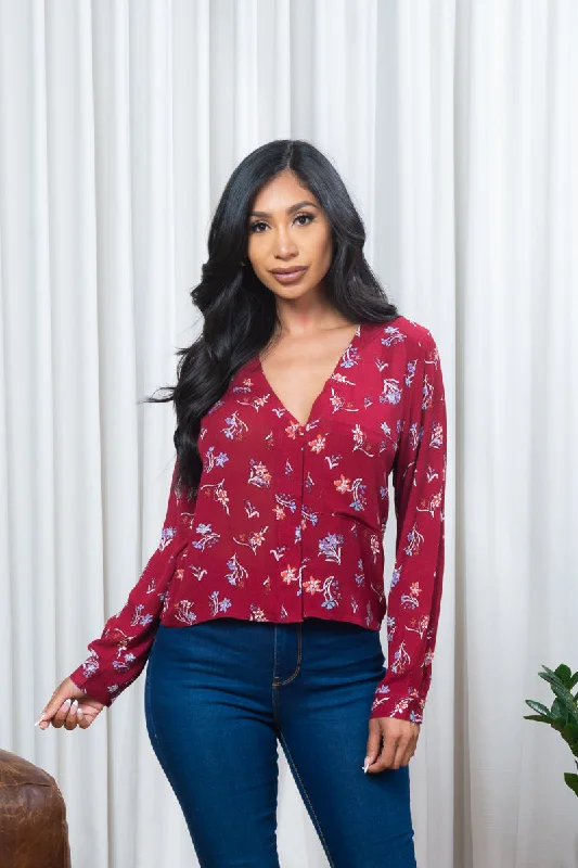 Floral Print Long Sleeve Button Down  Top w/1 Front Pocket (171084) Street Street