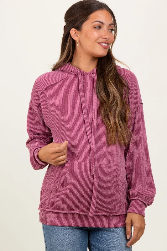 Mauve Ribbed Front Pocket Maternity Drawstring Hoodie Hip Women's Retro Hip Women's Retro Mauve Ribbed Front Pocket Maternity Drawstring Hoodie Hip Women's Retro Hip Women's Retro