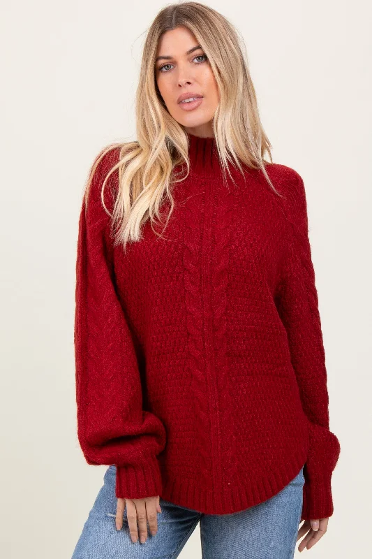Burgundy Mixed Chunky Cable Knit Mock Neck Sweater Traditional Women's Traditional Women's Burgundy Mixed Chunky Cable Knit Mock Neck Sweater Traditional Women's Traditional Women's
