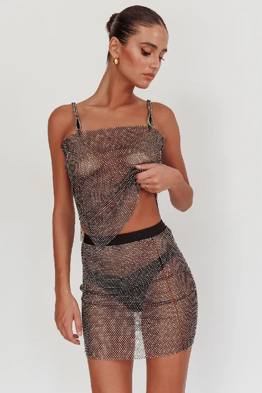 Glamazon Rhinestone Mesh Mini Skirt Black Monochromatic Office Style Monochromatic Office Style