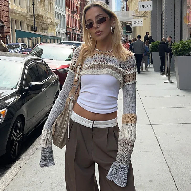 Cool Extra Long Sleeve Khaki Striped Super Short Crochet Open Knit Shrug Geometric Geometric Cool Extra Long Sleeve Khaki Striped Super Short Crochet Open Knit Shrug Geometric Geometric