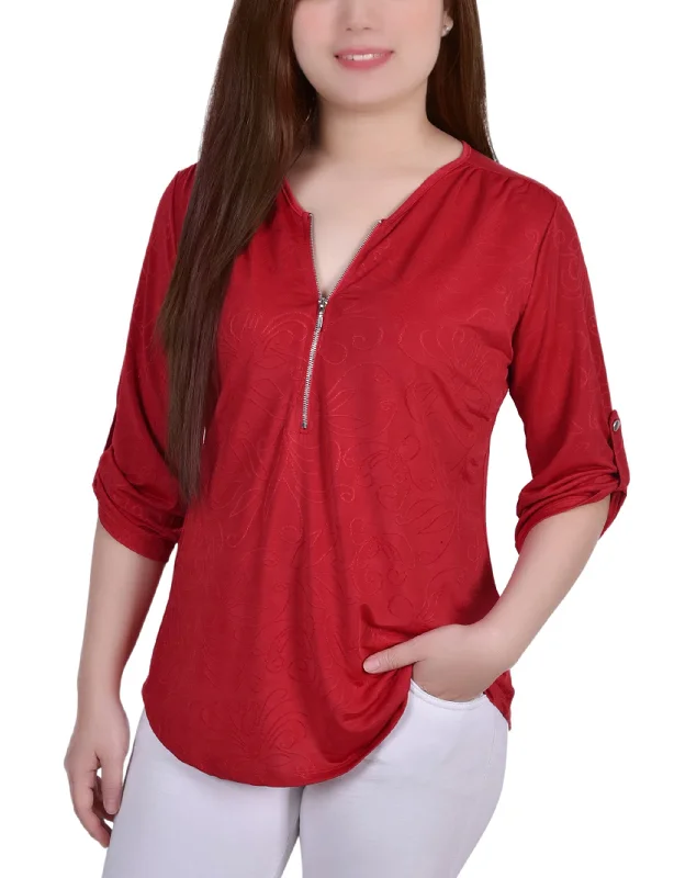 Petite 3/4 Roll Tab Zip Front Jacquard Knit Top Disco Disco