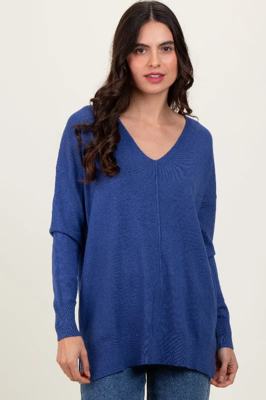 Light Navy Front Seam V-Neck Side Slit Sweater Women Women