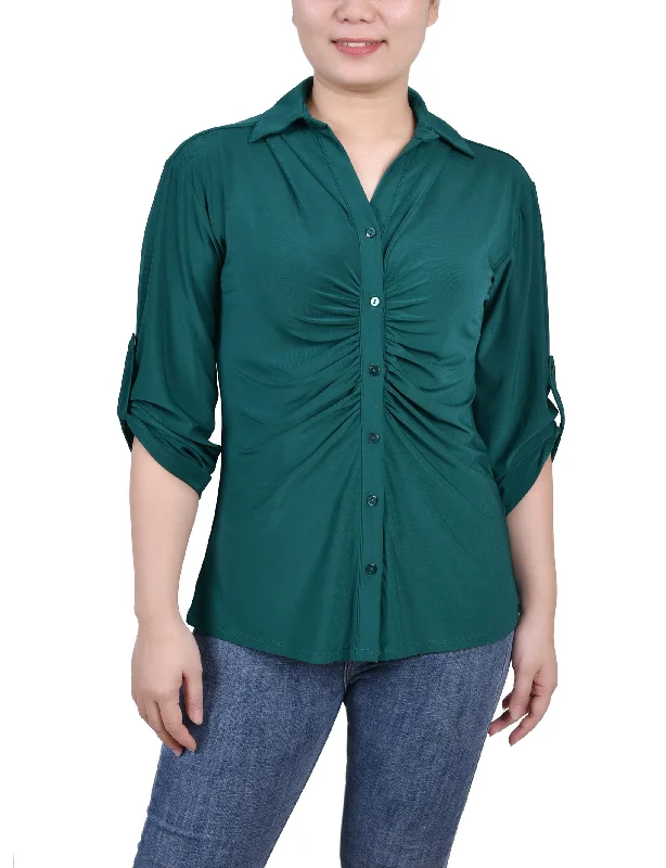 Petite 3/4 Roll Tab Rouched-Front Top Confident Women's Power Confident Women's Power