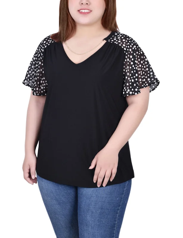Plus Size Combo Chiffon-Sleeve V Neck Top Feminine Women's Style Feminine Women's Style Plus Size Combo Chiffon-Sleeve V Neck Top Feminine Women's Style Feminine Women's Style