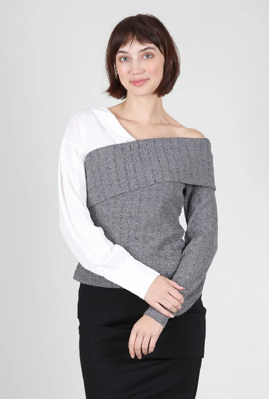 Mixed Media Off Shoulder Top, Gray Sporty Women's Athleisure  Sporty Women's Athleisure 