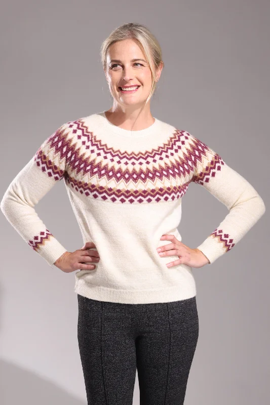 Crew neck Fairisle detail Jersey | Cream/Berry/Taupe | 6961ZZ Dapper Women's 1920S Dapper Women's 1920S Crew neck Fairisle detail Jersey | Cream/Berry/Taupe | 6961ZZ Dapper Women's 1920S Dapper Women's 1920S