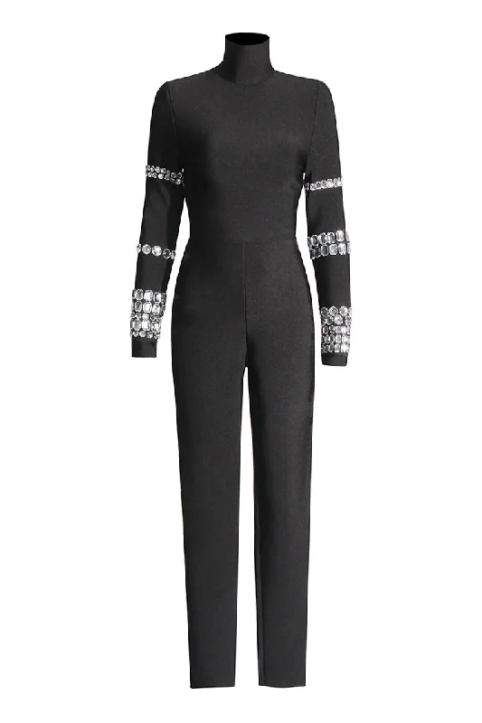 Sparkly Rhinestone High Neck Long Sleeve Bandage Skinny Jumpsuit Gym Gym